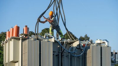 Mann auf der Baustelle arbeitet an einem Transformator