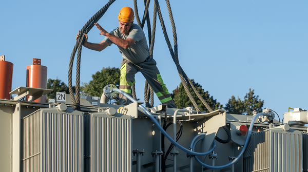 Mann auf der Baustelle arbeitet an einem Transformator
